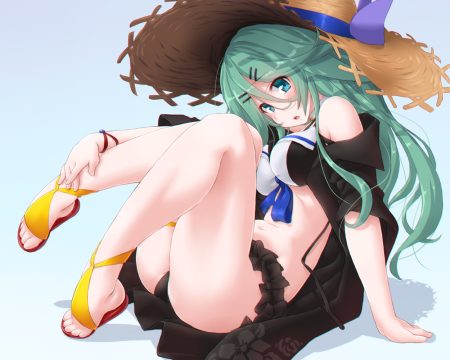 anthropomorphism bikini blush dd (ijigendd) green eyes green hair hat kantai collection long hair open shirt swimsuit yamakaze (kancolle)