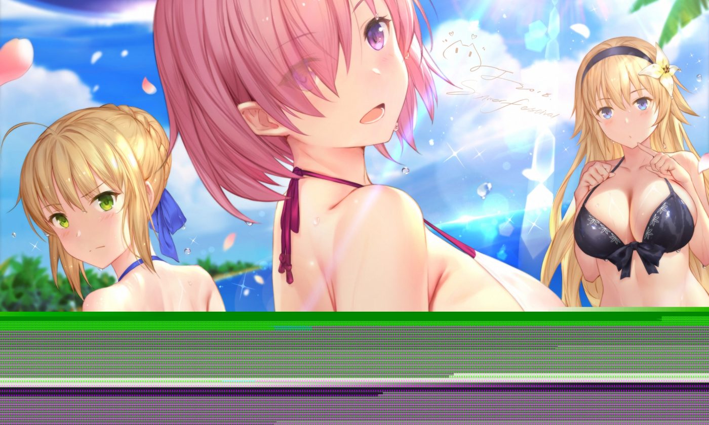 artoria pendragon (all) bikini blonde hair blush breasts cangkong cleavage close erect nipples fate/grand order fate (series) green eyes jeanne d'arc (fate) mash kyrielight pink hair purple eyes saber see through short hair signed swimsuit wet