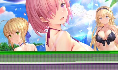 artoria pendragon (all) bikini blonde hair blush breasts cangkong cleavage close erect nipples fate/grand order fate (series) green eyes jeanne d'arc (fate) mash kyrielight pink hair purple eyes saber see through short hair signed swimsuit wet