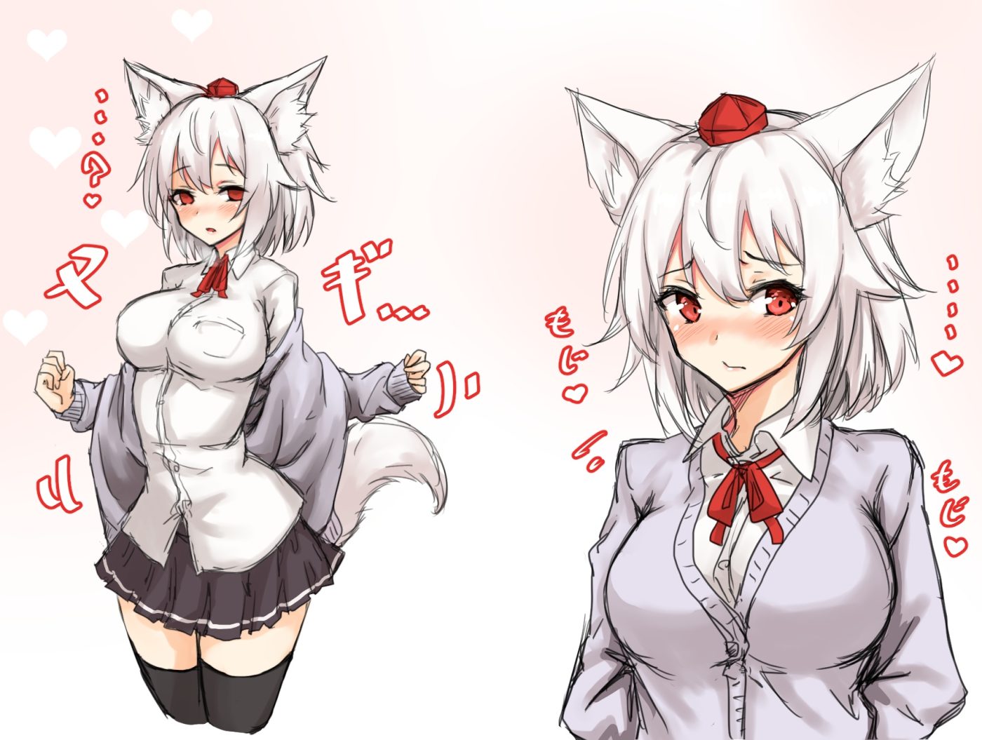 amagi (amagi626) animal ears blush breasts inubashiri momiji red eyes ribbons school uniform shirt short hair skirt tail thighhighs touhou white hair wolfgirl zettai ryouiki