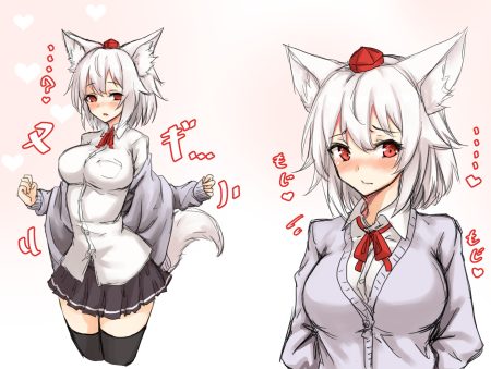 amagi (amagi626) animal ears blush breasts inubashiri momiji red eyes ribbons school uniform shirt short hair skirt tail thighhighs touhou white hair wolfgirl zettai ryouiki