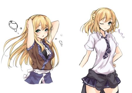 amagi (amagi626) blonde hair blue eyes green eyes long hair mizuhashi parsee pointed ears school uniform short hair skirt tie touhou white wink