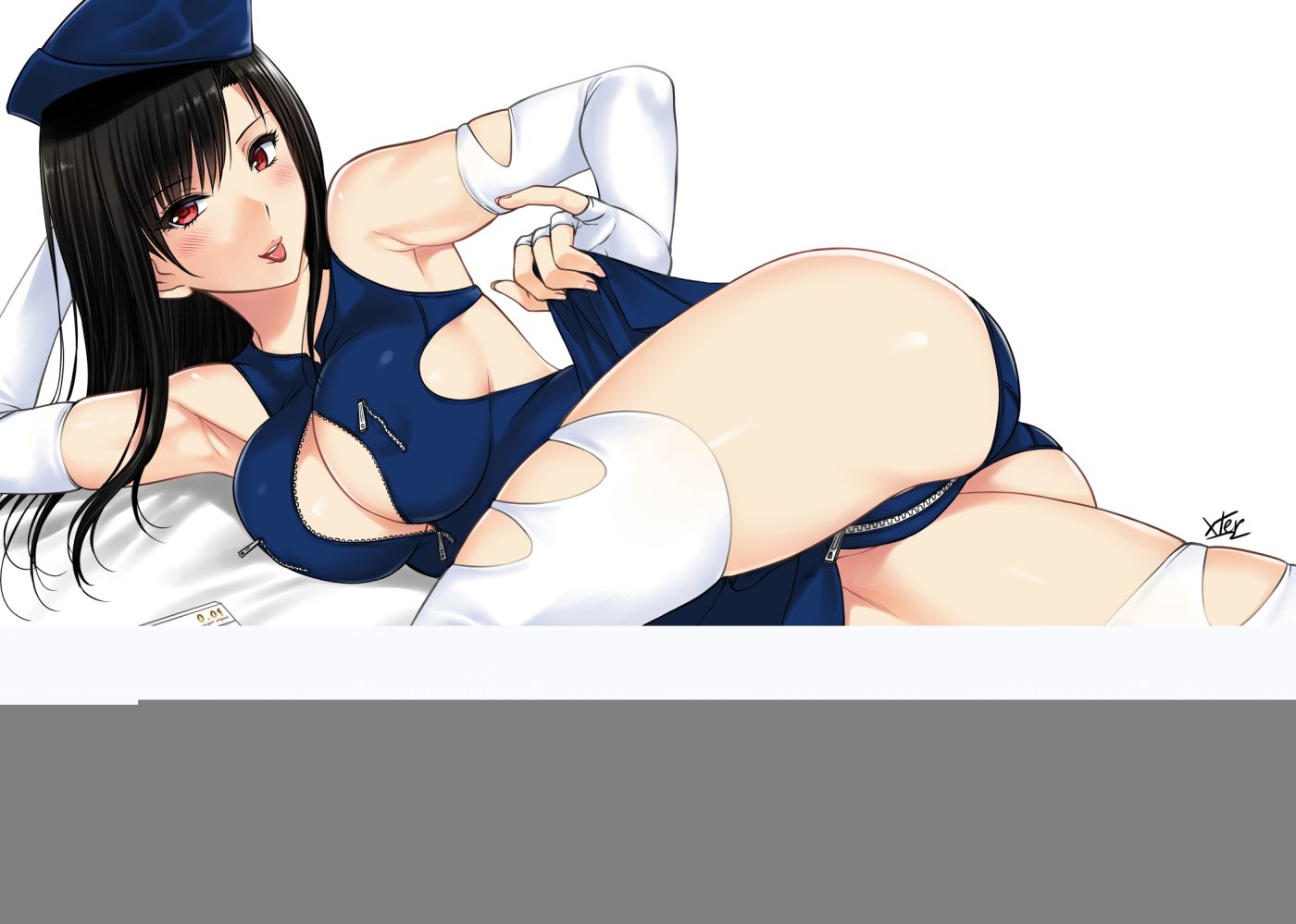 aliasing ass black hair blush bodysuit breasts cleavage elbow gloves erect nipples gloves hat long hair original red eyes signed skirt lift thighhighs xtermination