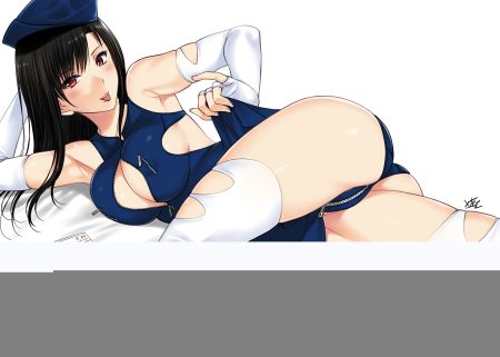 aliasing ass black hair blush bodysuit breasts cleavage elbow gloves erect nipples gloves hat long hair original red eyes signed skirt lift thighhighs xtermination