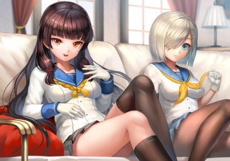 2girls anthropomorphism aqua eyes breasts brown hair couch gloves hamakaze (kancolle) isokaze (kancolle) kantai collection long hair orange eyes pantyhose school uniform short hair skirt thighhighs to nasu waifu2x white hair