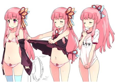 bra erect nipples fan flat chest gym uniform kotonoha akane long hair navel panties petenshi (dr. vermilion) pink eyes pink hair ponytail skirt lift thighhighs underwear voiceroid white
