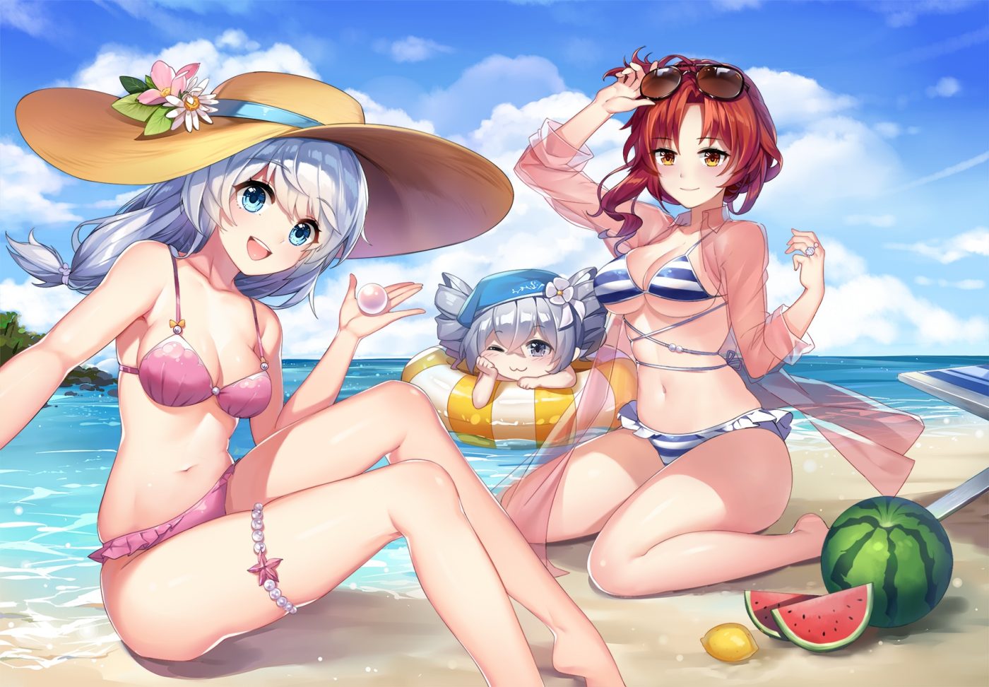 aqua eyes barefoot beach bikini breasts bronya zaychik cat smile cleavage clouds food fruit garter gray eyes gray hair hat honkai impact honkai (series) long hair murata himeko navel orange eyes red hair see through short hair sky sunglasses swim ring swimsuit theresa apocalypse twintails water watermelon white hair wink xingxiang senlin
