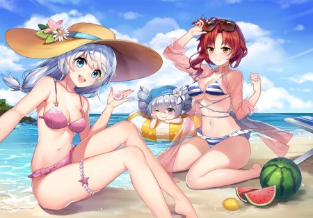 aqua eyes barefoot beach bikini breasts bronya zaychik cat smile cleavage clouds food fruit garter gray eyes gray hair hat honkai impact honkai (series) long hair murata himeko navel orange eyes red hair see through short hair sky sunglasses swim ring swimsuit theresa apocalypse twintails water watermelon white hair wink xingxiang senlin
