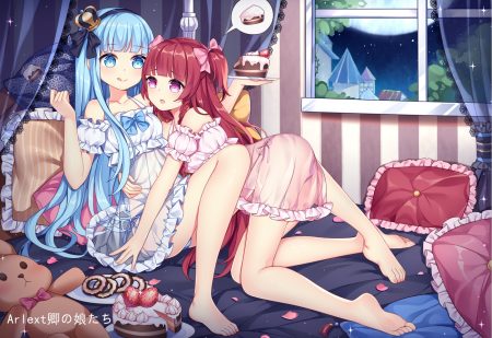 2girls barefoot blue eyes blue hair bow building cake chuor (chuochuoi) crown dress food fruit hug long hair moon night original petals pink eyes red hair sky strawberry