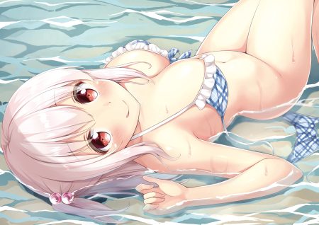 bikini blush bottomless breasts cleavage karutamo long hair navel original red eyes swimsuit tissue-chan water white hair