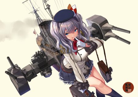 akasaai anthropomorphism blue eyes gloves gray hair hat kantai collection kashima (kancolle) kneehighs school uniform short hair skirt twintails weapon