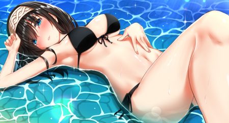 aihime riyo aqua eyes bikini black hair breasts headband idolmaster idolmaster cinderella girls navel sagisawa fumika short hair swimsuit water