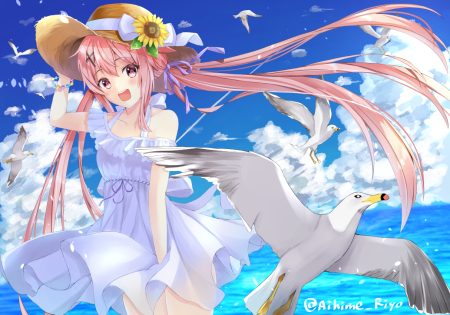 aihime riyo aliasing clouds dress flowers hat long hair original pink eyes pink hair signed sky summer dress twintails water