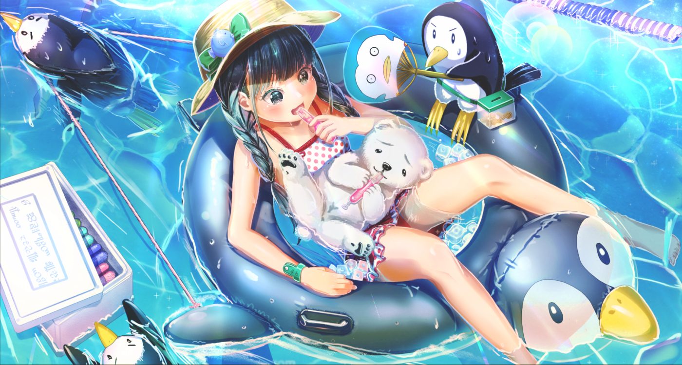 abo (kawatasyunnnosukesabu) animal bear bird braids food hat loli original penguin pool popsicle summer swim ring swimsuit twintails water wet