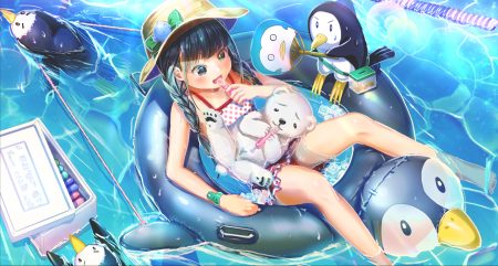 abo (kawatasyunnnosukesabu) animal bear bird braids food hat loli original penguin pool popsicle summer swim ring swimsuit twintails water wet