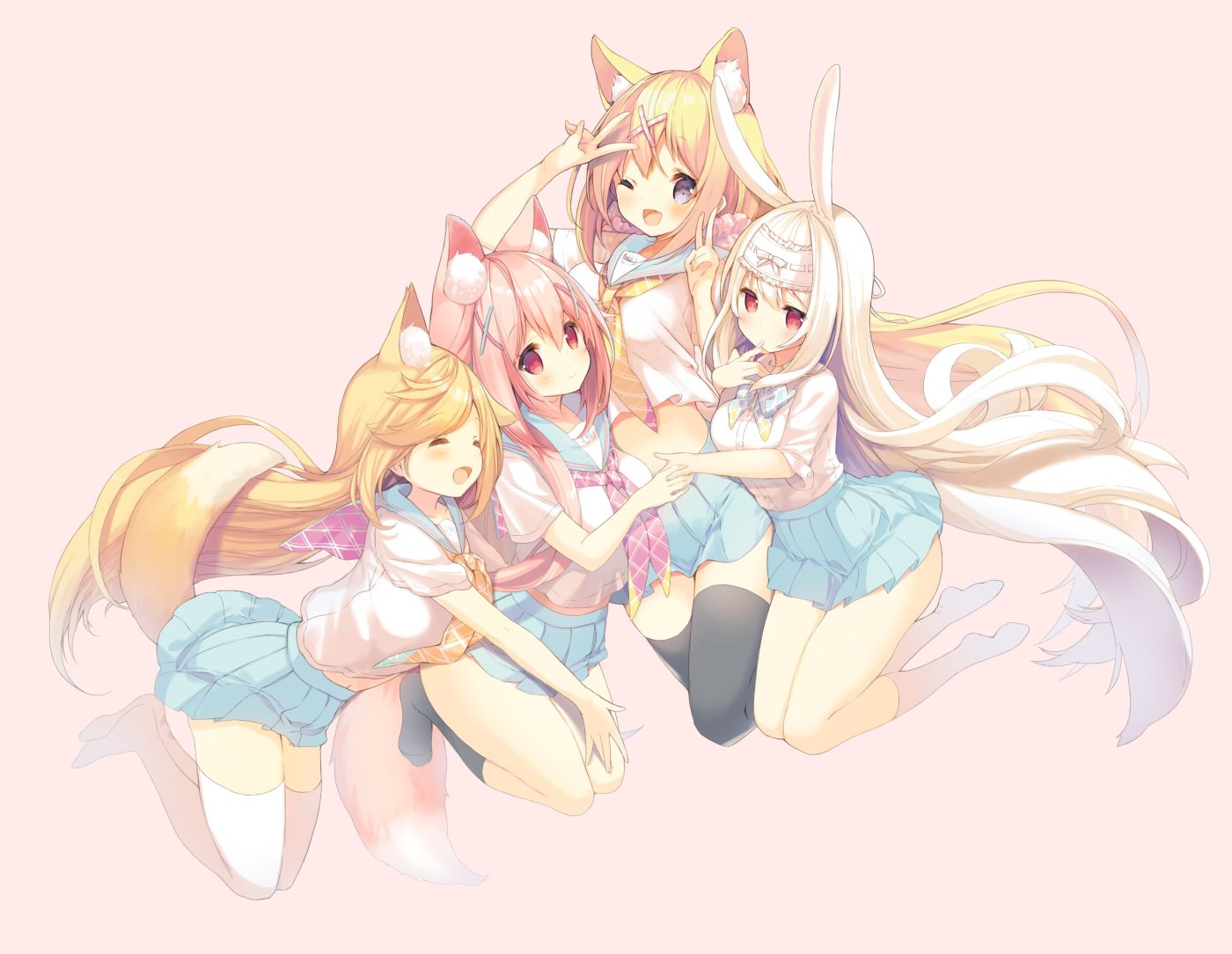 amamiya aki amamiya mei animal ears blonde hair blush bow bunny ears bunnygirl cynthia riddle foxgirl group hug long hair milia leclerc orange hair original p19 pink hair purple eyes red eyes school uniform skirt tail thighhighs tie white white hair wink