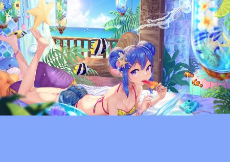 animal ass barefoot bikini blue hair breasts camera cleavage clouds fish flowers food fruit original para sitism popsicle purple eyes short hair shorts signed sky sunglasses swimsuit water