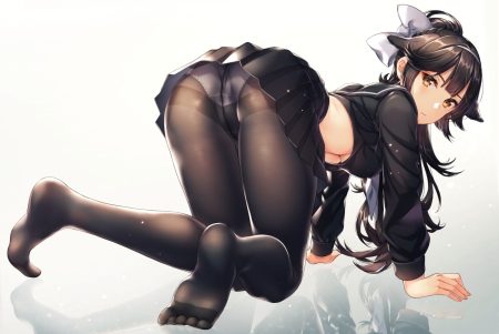 animal ears anthropomorphism ass azur lane black hair breasts brown eyes kitazume kumie long hair no bra panties ponytail reflection school uniform skirt takao (azur lane) underboob underwear