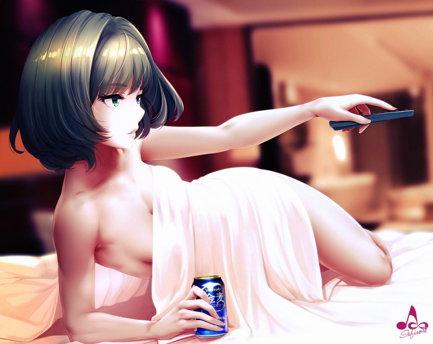 bed bicolored eyes drink gray hair idolmaster idolmaster cinderella girls infinote short hair takagaki kaede watermark