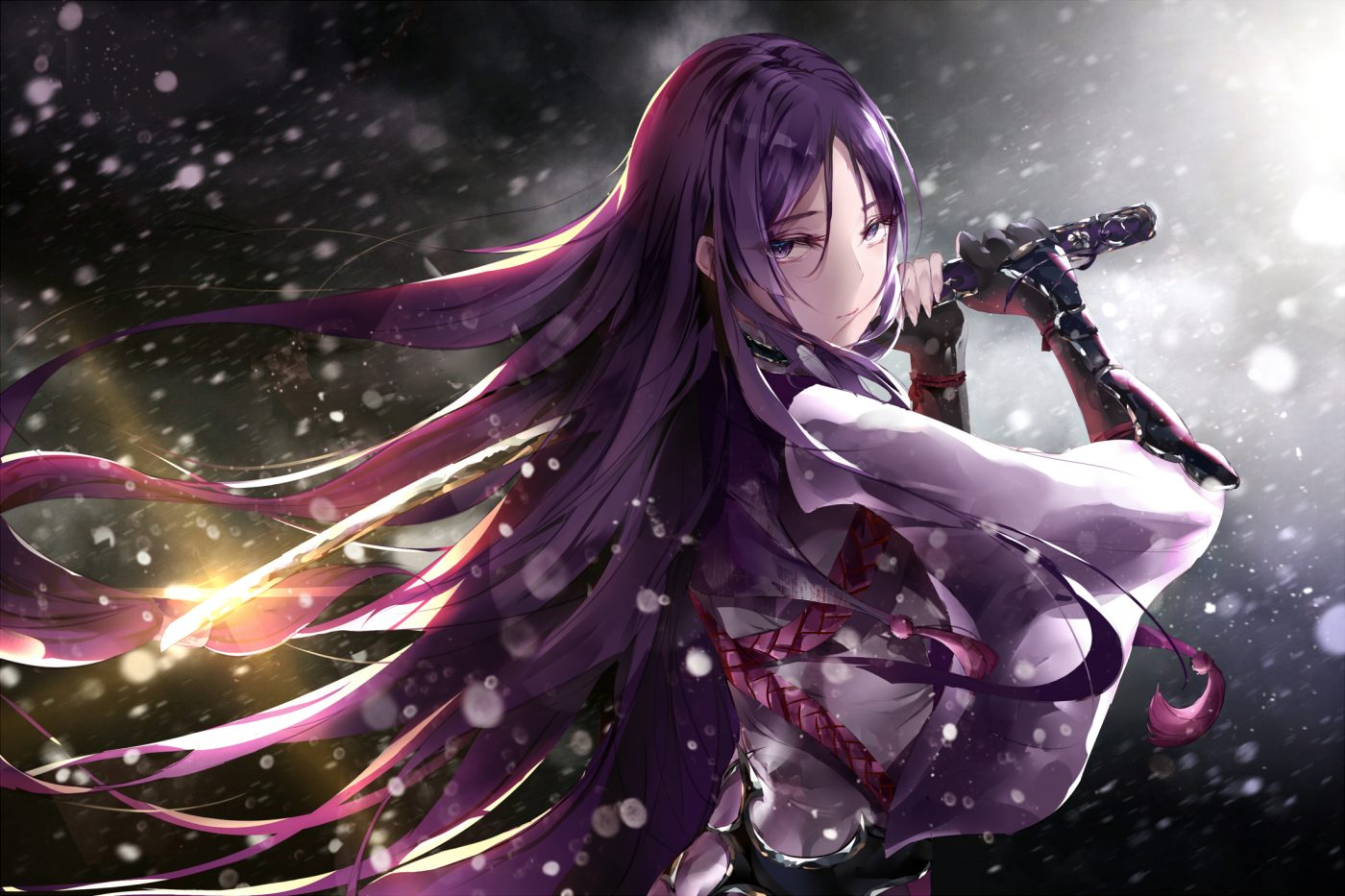 fallen heaven fate/grand order fate (series) japanese clothes minamoto no yorimitsu (fate) purple eyes purple hair sword weapon