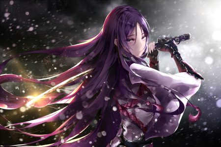fallen heaven fate/grand order fate (series) japanese clothes minamoto no yorimitsu (fate) purple eyes purple hair sword weapon
