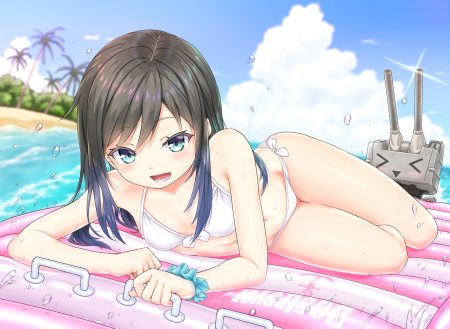 anthropomorphism asashio (kancolle) bikini blue eyes brown hair clouds gotou hisashi kantai collection long hair navel rensouhou-chan sky swimsuit tree water