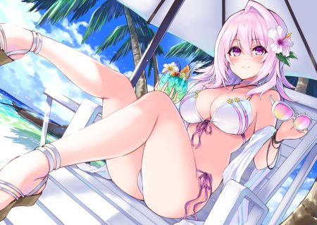 beach bikini breasts cherry cleavage clouds cu-no drink flowers food fruit hisen kaede orange (fruit) pink hair purple eyes ribbons sky sunglasses swimsuit tree umbrella water yayoi sakura