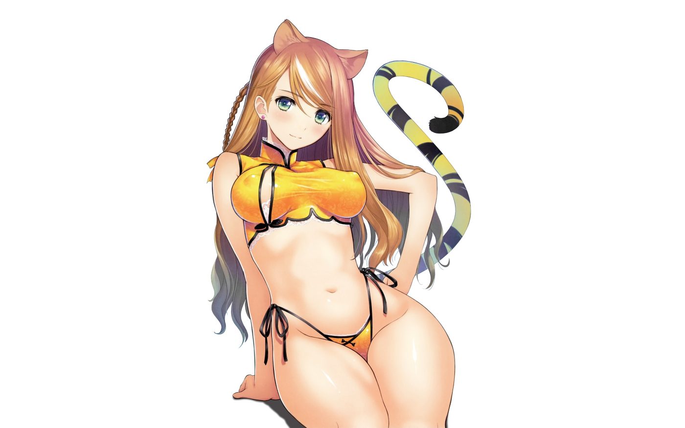 animal ears bikini blush braids brown hair catgirl erect nipples long hair navel scan swimsuit tail taka tony third-party edit white