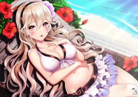 beach bikini blonde hair breasts cleavage fire emblem fire emblem fates fire emblem if flowers headband kamui (fire emblem) kumehara chiyota long hair navel pointed ears red eyes signed swimsuit water