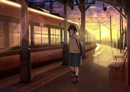 aliasing brown eyes brown hair clouds original phone sakeharasu school uniform short hair skirt sky socks sunset train