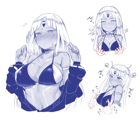 anthropomorphism azur lane bikini top blush breast grab breasts choker cleavage dark skin erect nipples long hair makano mucchi massachusetts (azur lane) navel polychromatic sketch tattoo white