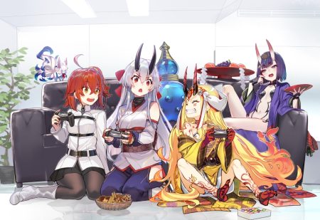 animal barefoot blonde hair boots demon drink fang fate/grand order fate (series) food fou (fate/grand order) fruit fujimaru ritsuka (female) game console group headband horns ibaraki douji (fate) japanese clothes long hair navel orange eyes orange hair pantyhose ponytail purple eyes purple hair red eyes sake shirabi (life-is-free) short hair shuten douji (fate) tattoo tomoe gozen white hair