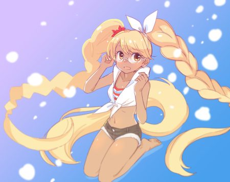 barefoot blonde hair blue dark skin glasses long hair mijica retoree (show by rock!!) shorts show by rock!! twintails yellow eyes