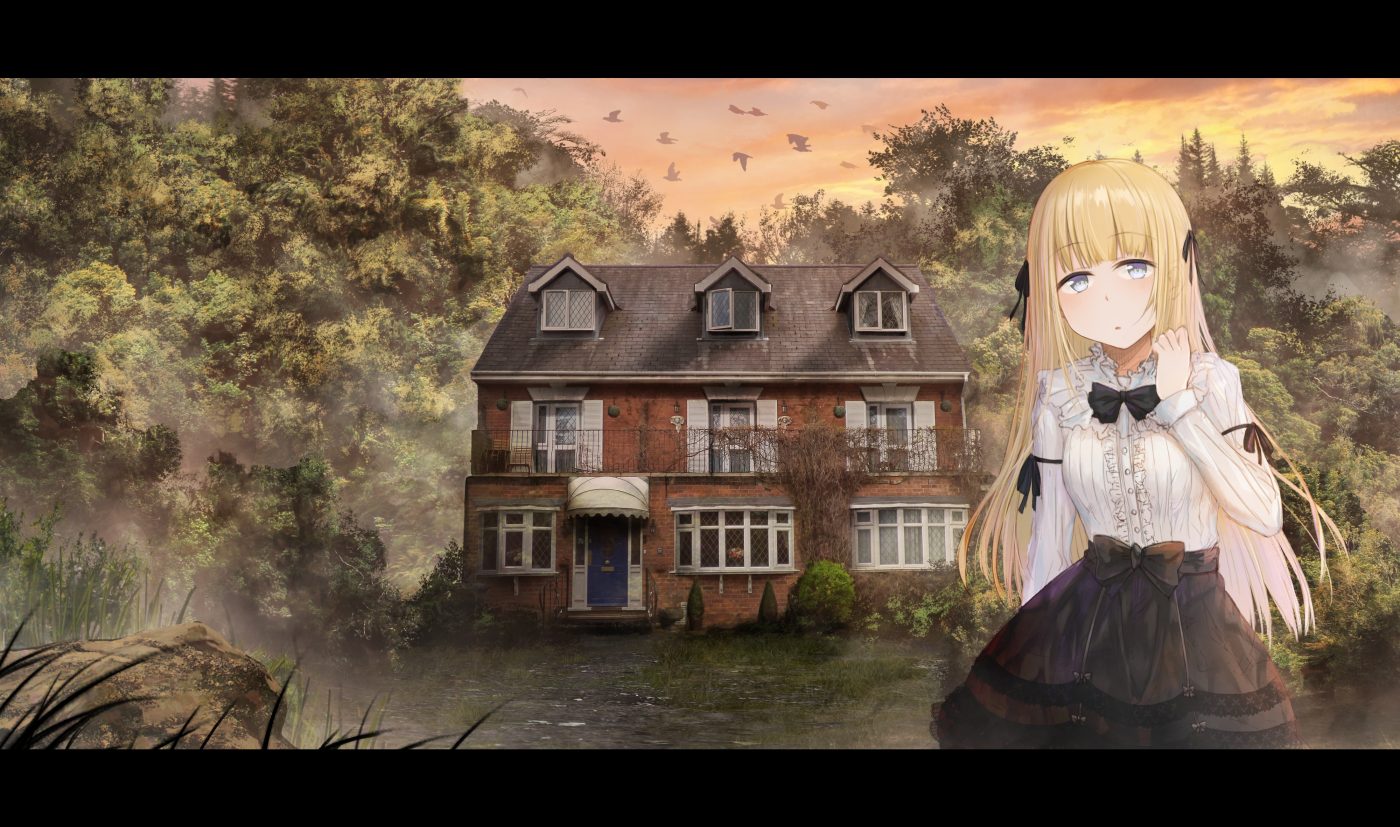 animal bird blonde hair blue eyes bow building clouds forest hoshimiya aki lolita fashion long hair original ribbons scenic skirt sky sunset tree