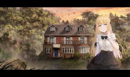 animal bird blonde hair blue eyes bow building clouds forest hoshimiya aki lolita fashion long hair original ribbons scenic skirt sky sunset tree