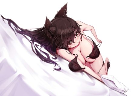 animal ears anthropomorphism atago (azur lane) azur lane blush bra brown eyes brown hair foxgirl long hair panties tagme (artist) underwear undressing