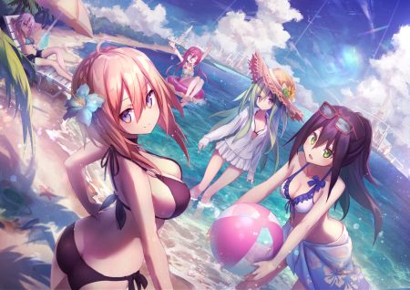 ass ball barefoot beach bikini black hair blonde hair blue eyes braids building clouds flowers green eyes green hair group hat navel nogi lief original ponytail red eyes red hair skirt sky sunglasses swim ring swimsuit umbrella water white hair wink