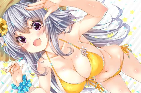 bikini blush fang flowers gray hair long hair navel ojitcha original oziko (ojitcha) purple eyes ribbons swimsuit wristwear