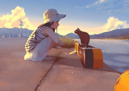 animal black hair cat clouds hat long hair morifumi original scenic skirt sky water