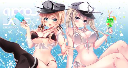 2girls aliasing anthropomorphism bikini blonde hair blue eyes drink erect nipples graf zeppelin (kancolle) gray eyes hat ichiyou moka kantai collection long hair navel popsicle prinz eugen (kancolle) swimsuit thighhighs twintails watermark