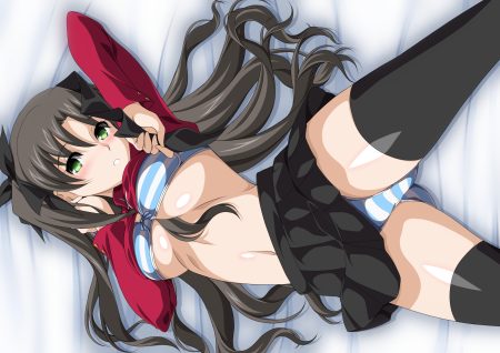 blush brown hair fate (series) fate/stay night green eyes ka2 long hair navel panties shirt lift skirt striped panties thighhighs tohsaka rin underwear