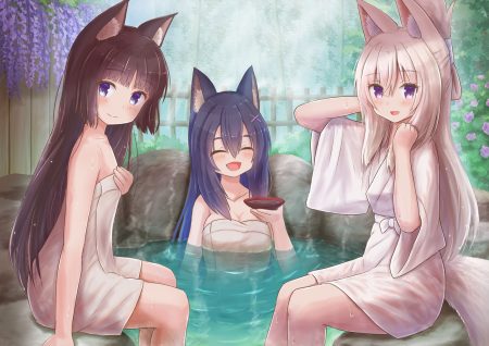 iroha (iroha matsurika) animal ears bathing kitsune loli onsen sake see through tail towel wet wet clothes yukata