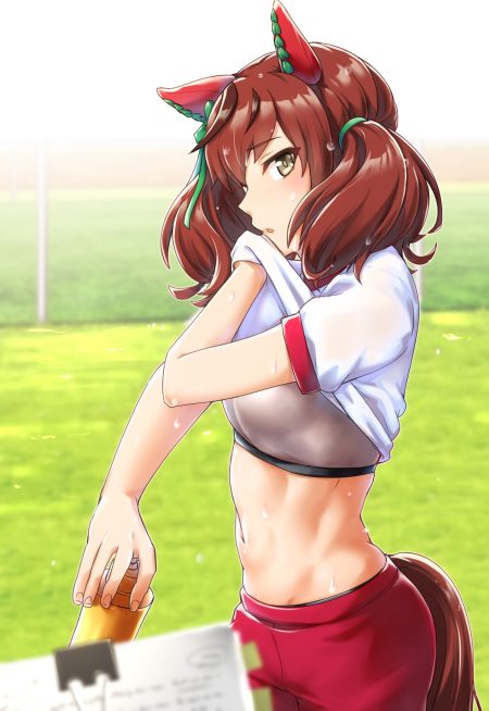 kobamiso (kobalt) uma musume pretty derby nice nature (umamusume) animal ears gym uniform shirt lift tail wet