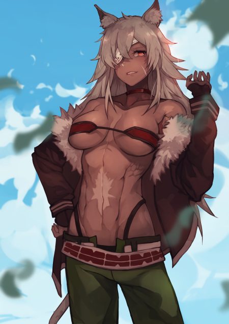 mushoku tensei ghislaine dedoldia animal ears eyepatch nekomimi no bra open shirt tagme tail