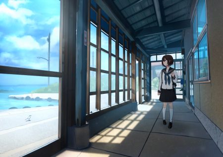 animal bird brown hair clouds kneehighs original sakeharasu scenic school uniform short hair skirt sky water