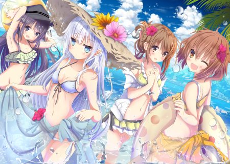 aliasing anthropomorphism aruka (alka p1) bikini blue eyes blue hair blush brown eyes brown hair bubbles clouds fang flowers group hat hibiki (kancolle) ikazuchi (kancolle) inazuma (kancolle) kantai collection long hair navel purple eyes purple hair ribbons see through short hair sky swimsuit verniy (kancolle) water wink yellow eyes