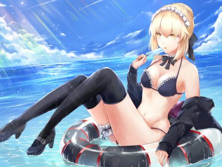 artoria pendragon (all) bikini blonde hair bow braids clouds fate/grand order fate (series) garter headdress navel popsicle saber saber alter short hair sky slime (artist) swim ring swimsuit thighhighs water wet yellow eyes