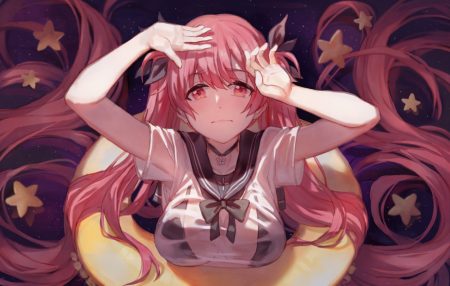 anthropomorphism azur lane bekko bikini top breasts choker cleavage honolulu (azur lane) long hair necklace pink eyes pink hair school uniform see through space stars swim ring twintails