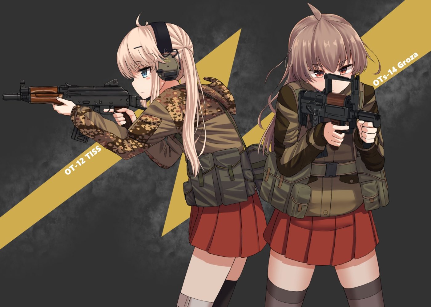 2girls aqua eyes blonde hair brown hair gun headphones long hair military original red eyes skirt thighhighs twintails weapon yakob labo zettai ryouiki