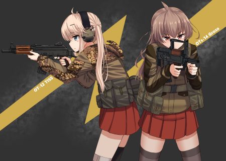 2girls aqua eyes blonde hair brown hair gun headphones long hair military original red eyes skirt thighhighs twintails weapon yakob labo zettai ryouiki